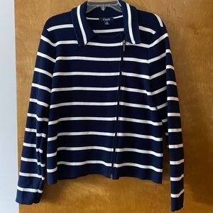 Chaps Sweater. Asymmetrical zipper. Navy and White Striped. Size Large. Like New